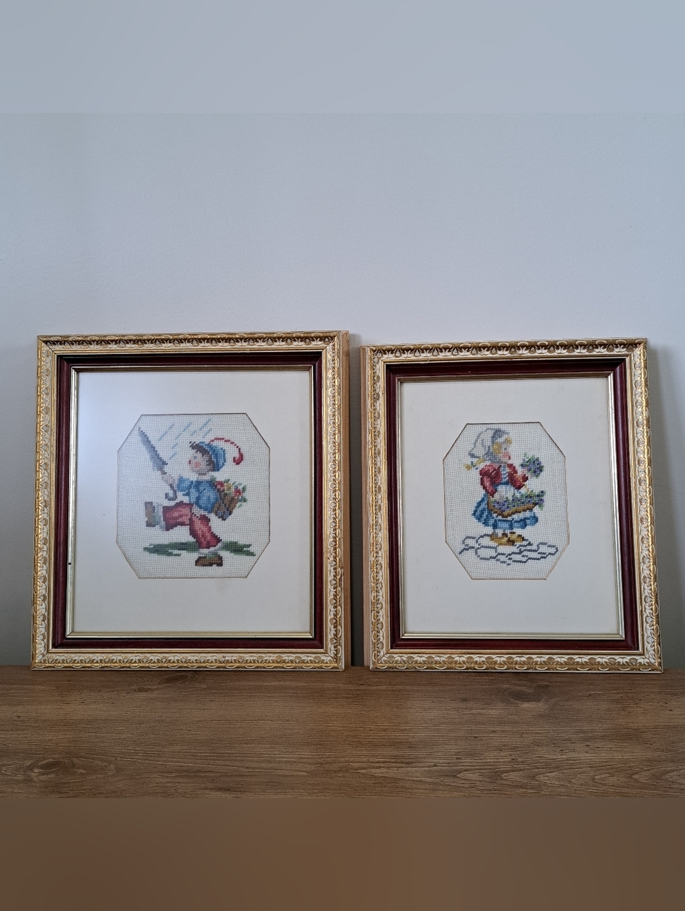 Vintage Set Of 2 Needlepoint Art Hummel Style Dutch Boy Girl Framed Grandmacore